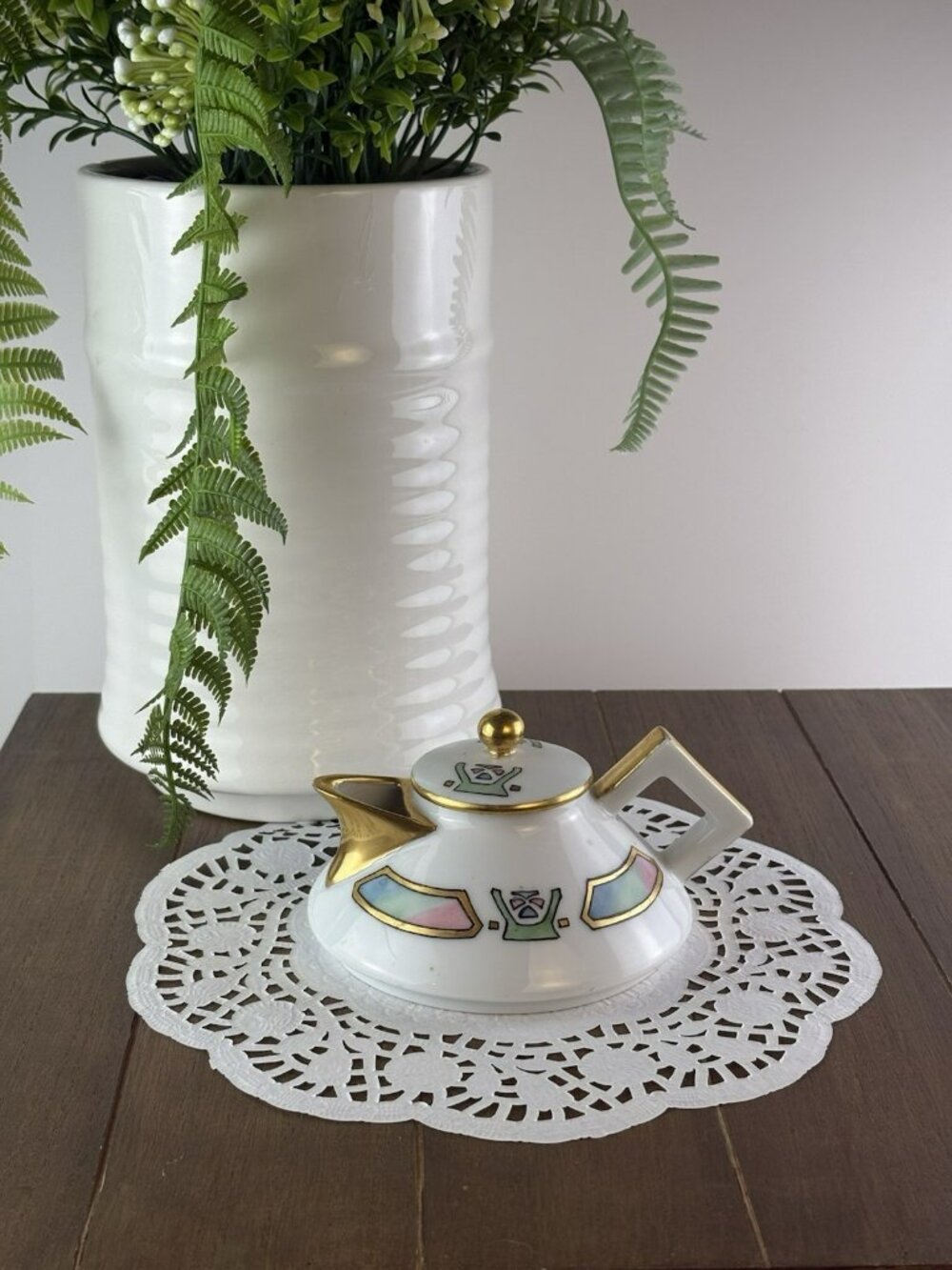 Antique Uno Bavaria Porcelain Mini Teapot Art Nouveau Gold Monogram R Pastel